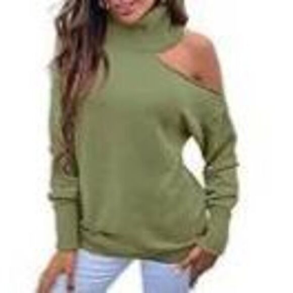 OPOCOS OLIVE GREEN ONE SHOULDER TURTLENECK SWEATER SZ.XL EUC - Picture 1 of 8